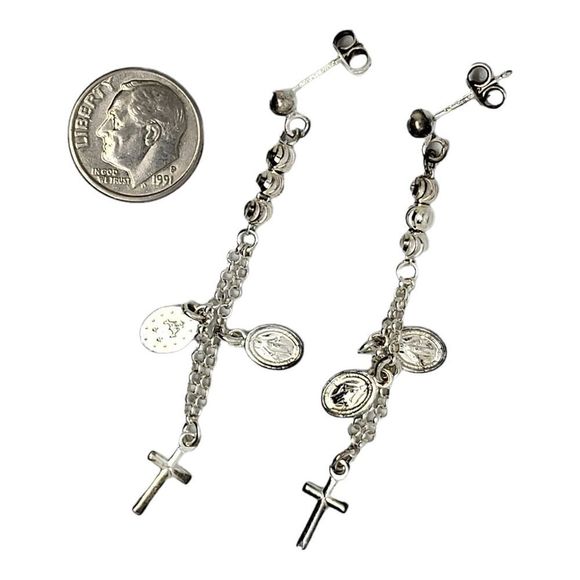 925 Sterling Silver Religious Medal drop dangle beads and chain Earrings - Picture 3 of 4